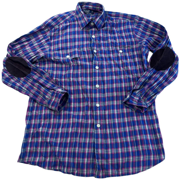 Polo Ralph Lauren Shirt Mens Medium Blue Red Plaid Sueded Elbow Button Down - Picture 1 of 7